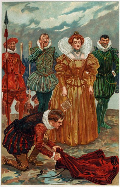 „Raleigh si odepnul bohatý plášť z ramen a položil ho na vlhkou zem“, ilustrace z „Hrdinové a hrdinky anglické historie“ od Alice S. Hoffmanové od Gordon Frederick Browne